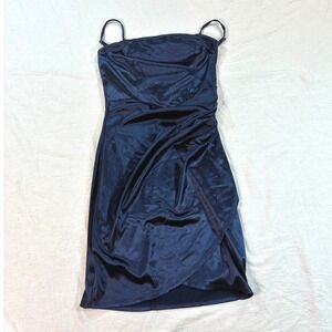 Emerald Sundae Womens Bodycon Mini Dress Size Small Navy Blue Satin Wrap Hem L35